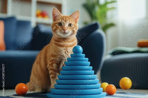 Obraz na płótnie Young orange tabby cat playing with colorful stackable toys in a living room. w salonie