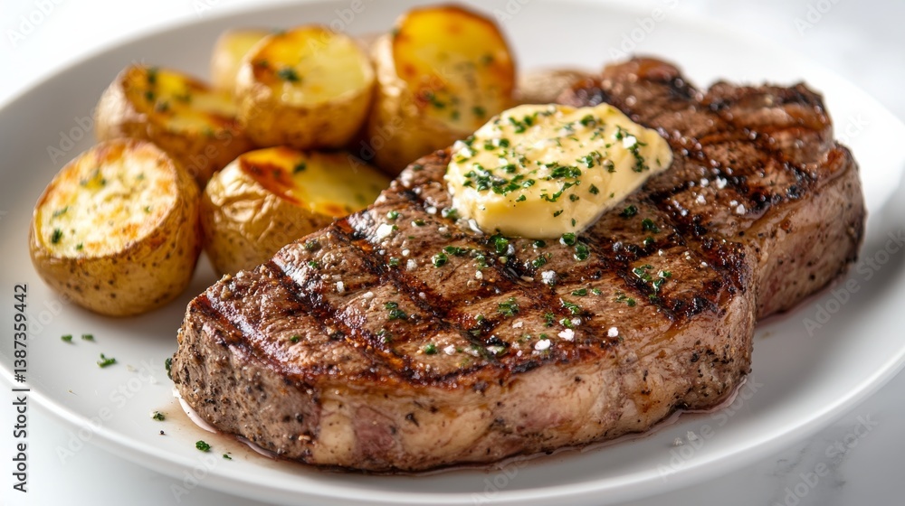 A perfectly grilled steak with garlic butter and roasted potatoes. Featuring indulgence and flavor A perfectly grilled steak with garlic butter and roasted potatoes. Featuring indulgence and flavor
