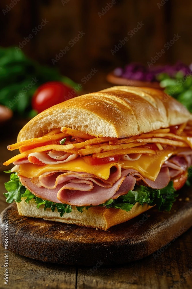 A delicious and hearty sub sandwich filled with succulent ham, melting cheese, crunchy carrot strips, fresh lettuce, and vibrant tomatoes on a long toasted roll.