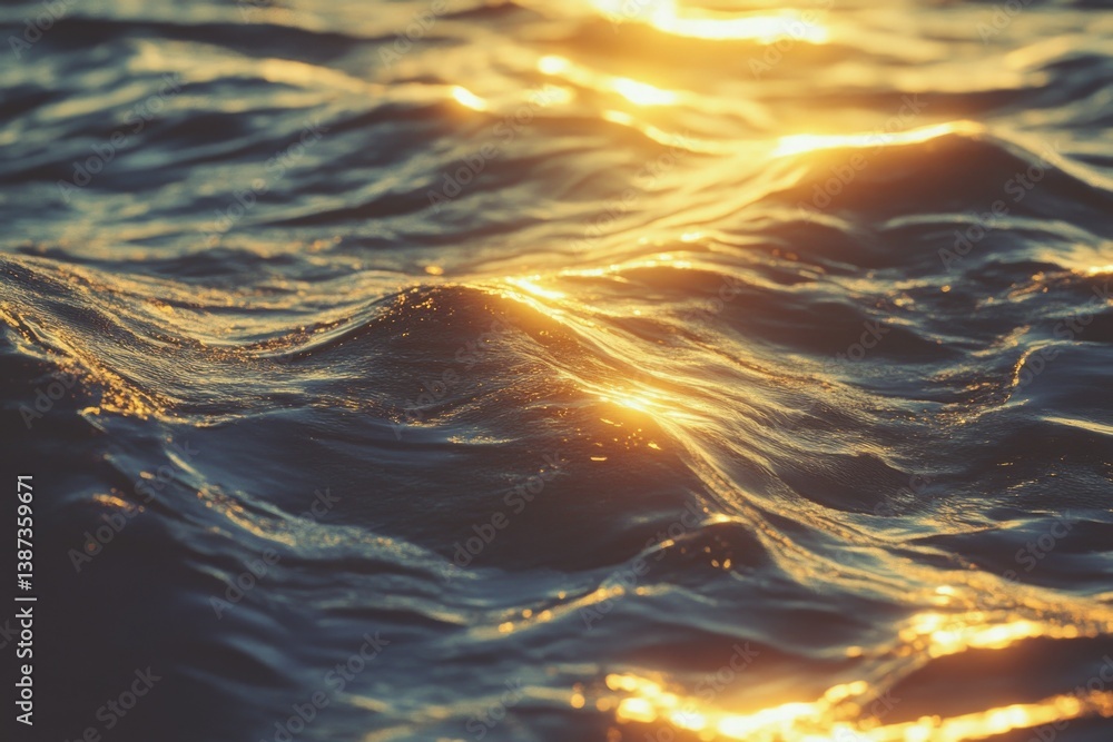 Calm ocean water with sunlight reflection at dusk.