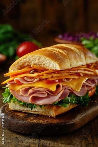 Obraz na płótnie A delicious and hearty sub sandwich filled with succulent ham, melting cheese, crunchy carrot strips, fresh lettuce, and vibrant tomatoes on a long toasted roll. w salonie