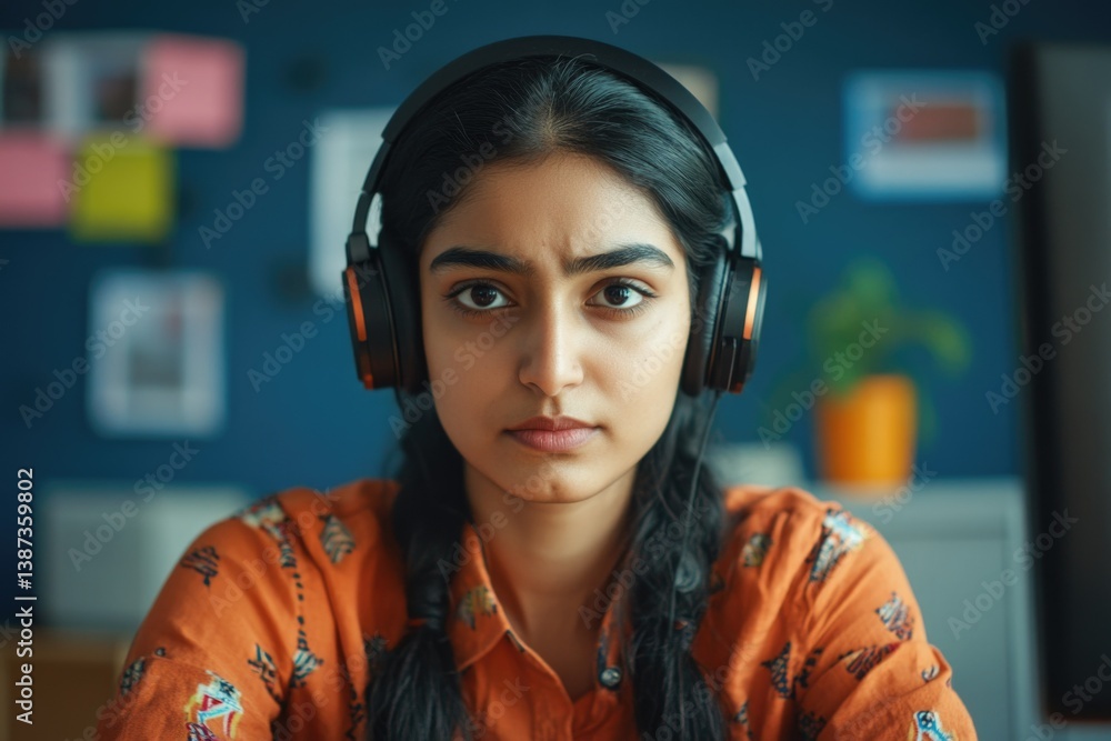 A young woman in an office environment, wearing headphones and frowning while looking to the side. She seems absorbed in her own world amidst work tasks.