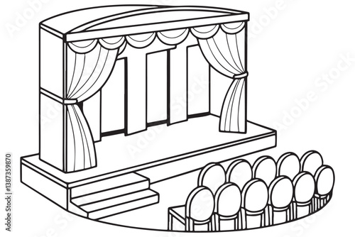 Theater Stage with Curtains Drawing, Empty Auditorium Line Art, Classic Performance Venue Illustration