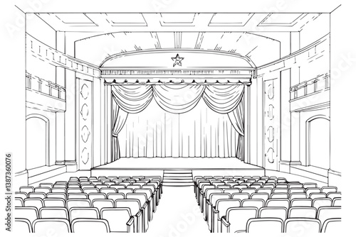 Theater Stage with Curtains Drawing, Empty Auditorium Line Art, Classic Performance Venue Illustration
