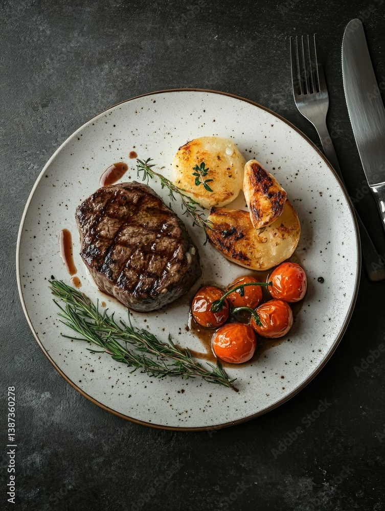 The image shows a plate of food consisting of grilled steak, potatoes, vegetables including tomatoes, presented on a dining table. The setting suggests a fine dining experience.