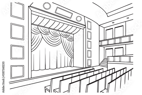Theater Stage with Curtains Drawing, Empty Auditorium Line Art, Classic Performance Venue Illustration