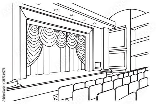 Theater Stage with Curtains Drawing, Empty Auditorium Line Art, Classic Performance Venue Illustration