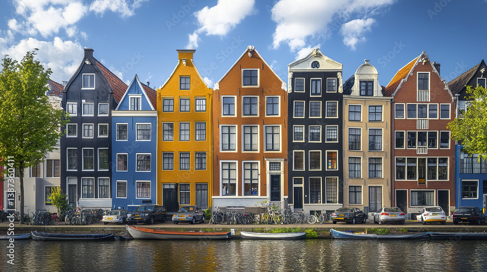 Obraz premium Colorful Dutch canal houses with steep gabled roofs reflect in water