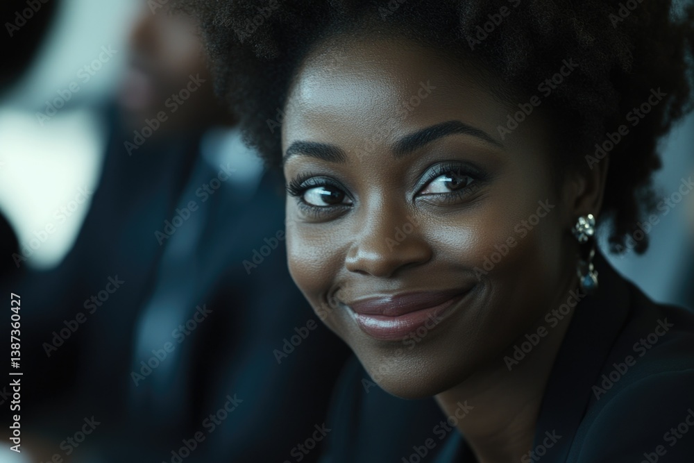 African American woman with a wide smile, looking engaged in a business meeting. Professional attire and setting suggest confidence and competence.
