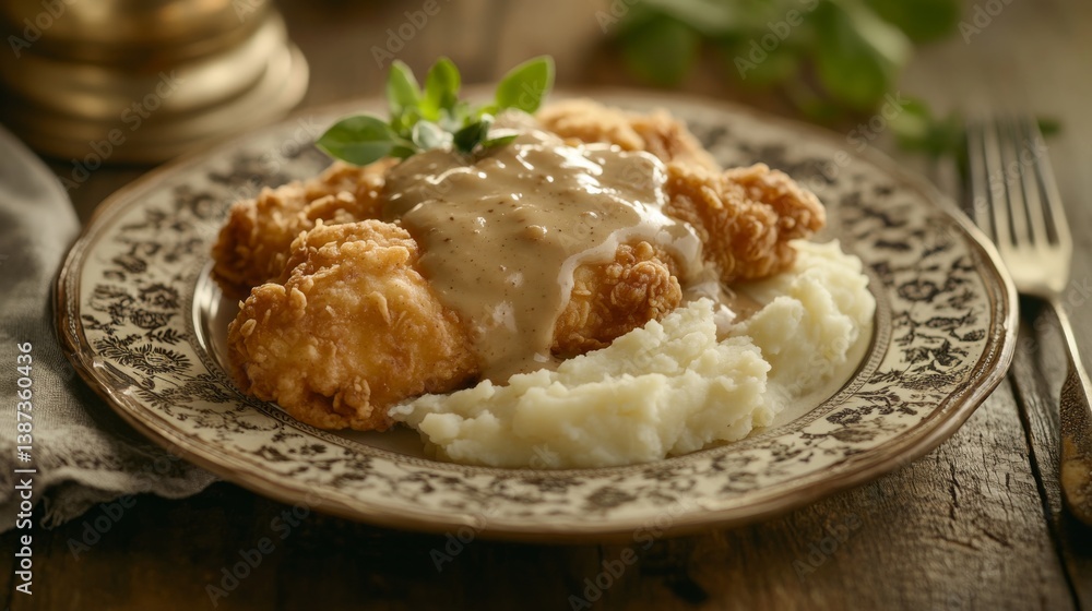 A plate of American fried chicken with mashed potatoes and gravy served on a vintage plate. Featuring tradition and heartiness A plate of American fried chicken with mashed potatoes and gravy served on a vintage plate. Featuring tradition and heartiness