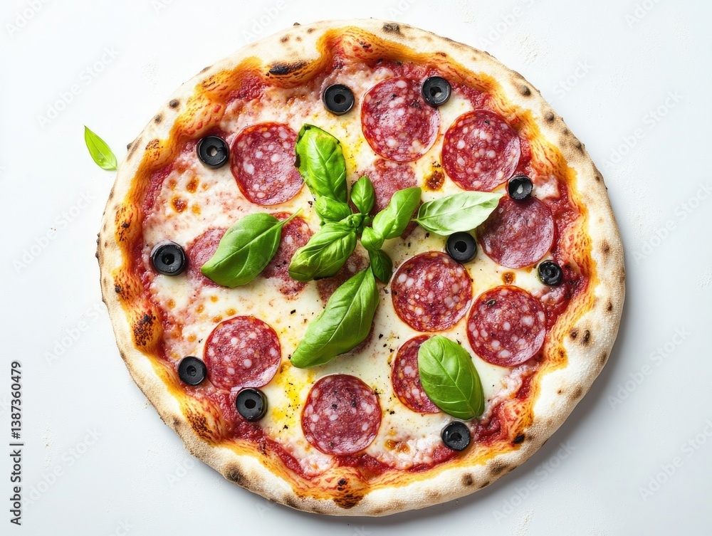 Fresh, authentic pepperoni pizza with melted cheese and basil leaves. Topped with ripe olives for added flavor.