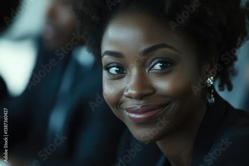 African American woman with a wide smile, looking engaged in a business meeting. Professional attire and setting suggest confidence and competence.