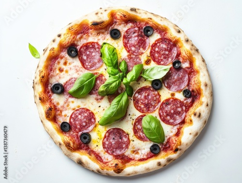 Obraz na płótnie Fresh, authentic pepperoni pizza with melted cheese and basil leaves. Topped with ripe olives for added flavor. w salonie
