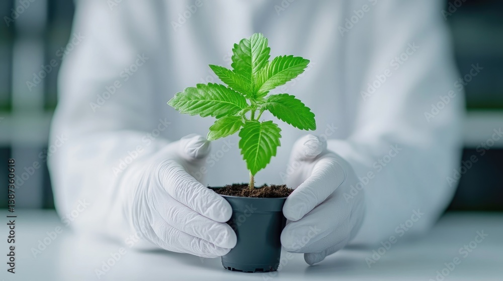 Scientist holding a small plant in a lab Scientist holding a small plant in a lab
