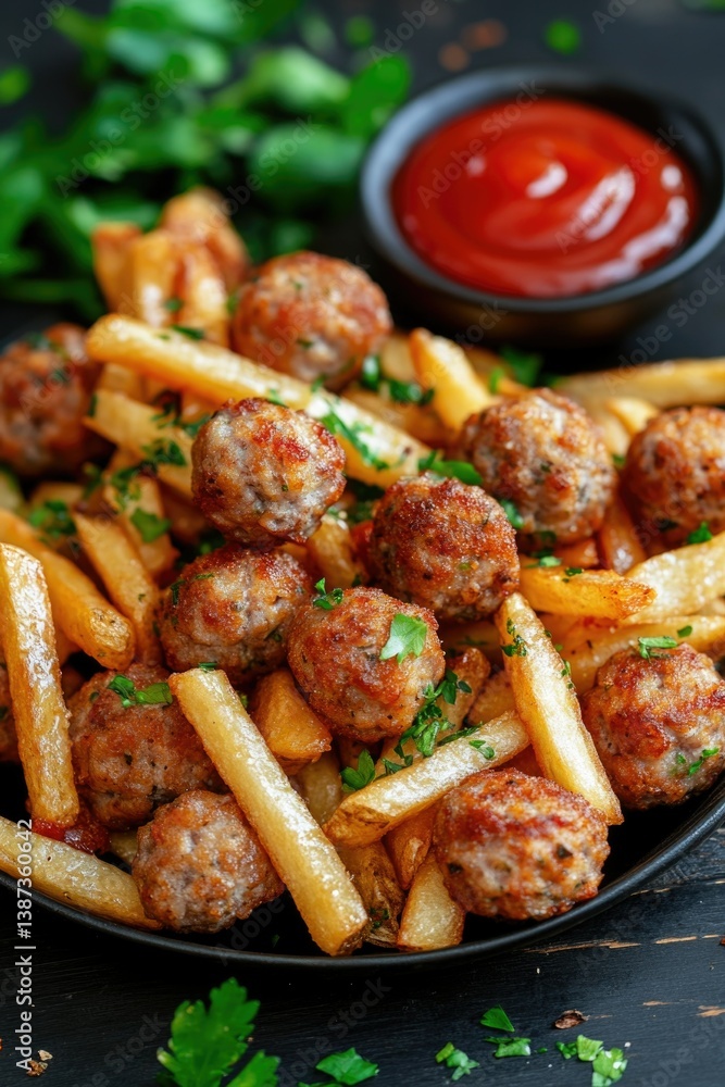 Fried meatballs served on top of golden crispy fries, with a side of tomato dipping sauce for added flavor. This Italian-style dish is both hearty and visually appealing.