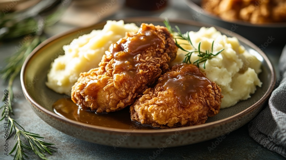 A plate of American fried chicken with mashed potatoes and gravy served on a vintage plate. Featuring tradition and heartiness