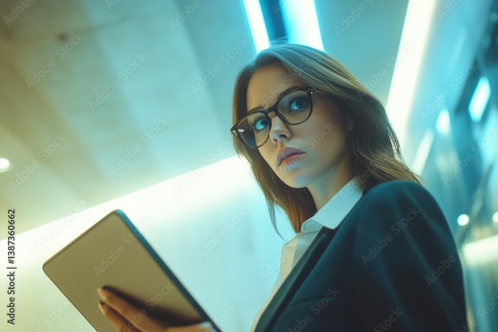 Woman in business attire, using a tablet. She's wearing glasses and contemplating her work on the digital screen.