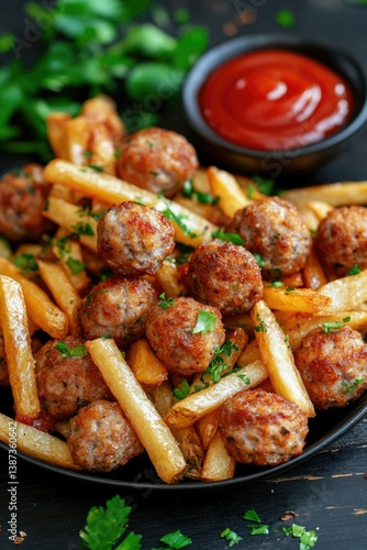 Obraz na płótnie Fried meatballs served on top of golden crispy fries, with a side of tomato dipping sauce for added flavor. This Italian-style dish is both hearty and visually appealing. w salonie
