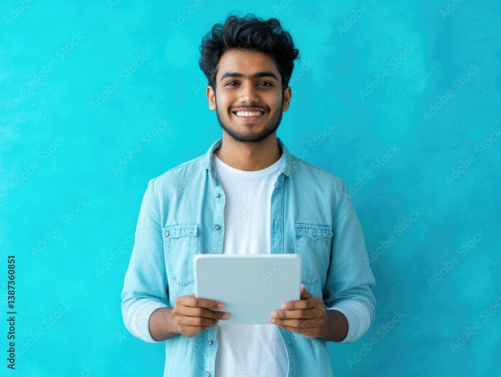 A young male student using a tablet for online learning or work. A modern, technology-driven education and productivity scene.