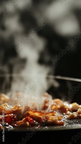 Bacon frying with steam rising