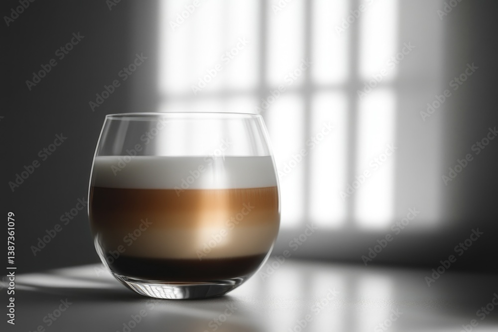 Frothy latte coffee in elegant glass on white surface, light reflection, minimalist aesthetic.