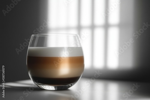 Obraz na płótnie Frothy latte coffee in elegant glass on white surface, light reflection, minimalist aesthetic. w salonie