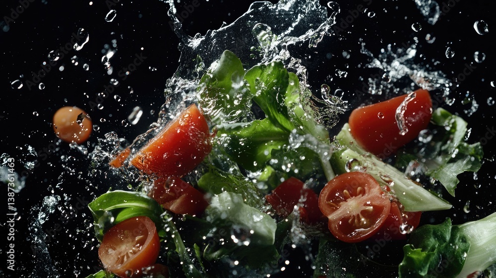 Vibrant ingredients in motion with water droplets, fresh and healthy meal choice