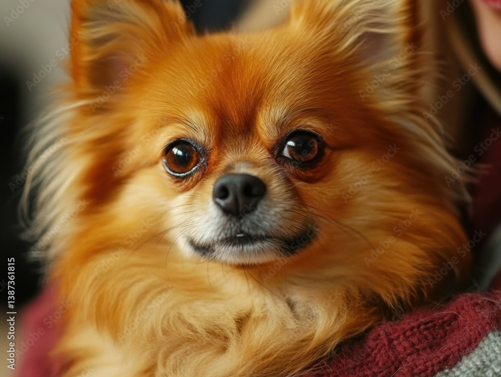 An affectionate chihuahua puppy with wide eyes and a small nose. It has brown fur and appears to be looking up at someone, possibly its owner.