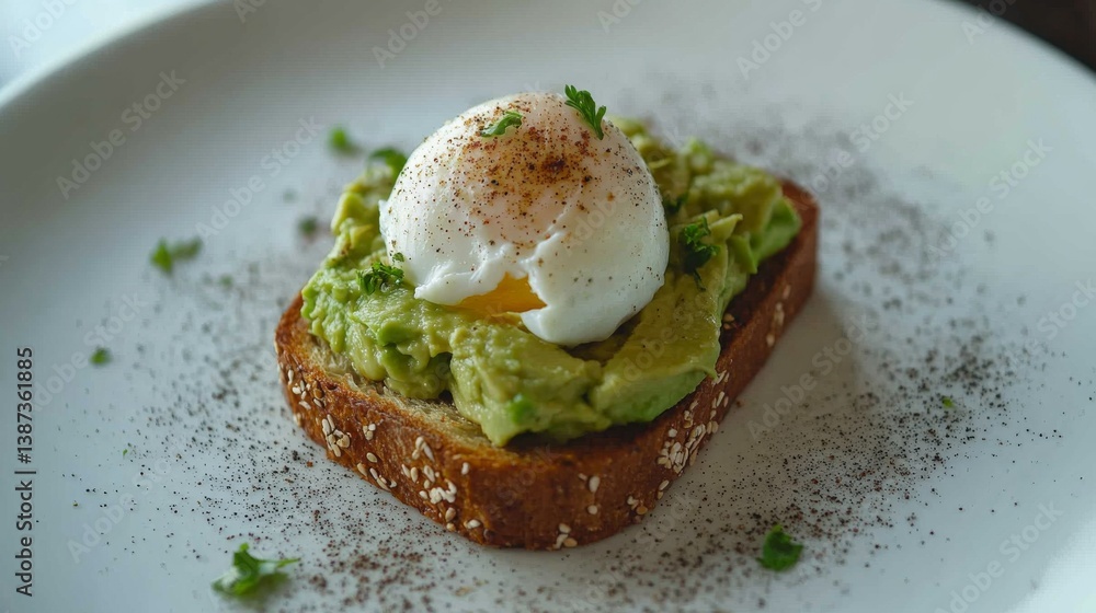 A plate of avocado toast with a poached egg. Featuring freshness and flavor A plate of avocado toast with a poached egg. Featuring freshness and flavor