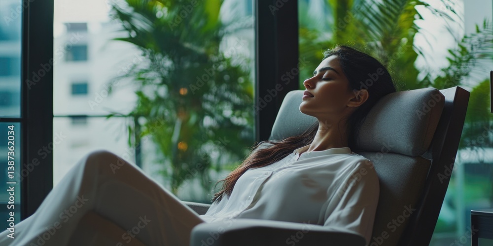 Woman in white lounge chair, peaceful resting pose, modern interior, blurred cityscape