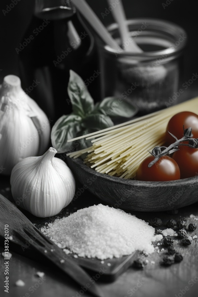 Food on table with spices and ingredients for cooking.