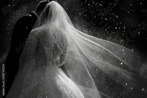 Couple kissing at night under a starlit sky with falling sparkles. The bride is in a wedding dress with flowing veil.