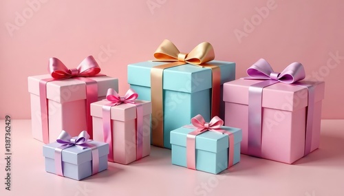 Elegant gift boxes, ribbons, bows, pastel colors, graphic, wrapping paper