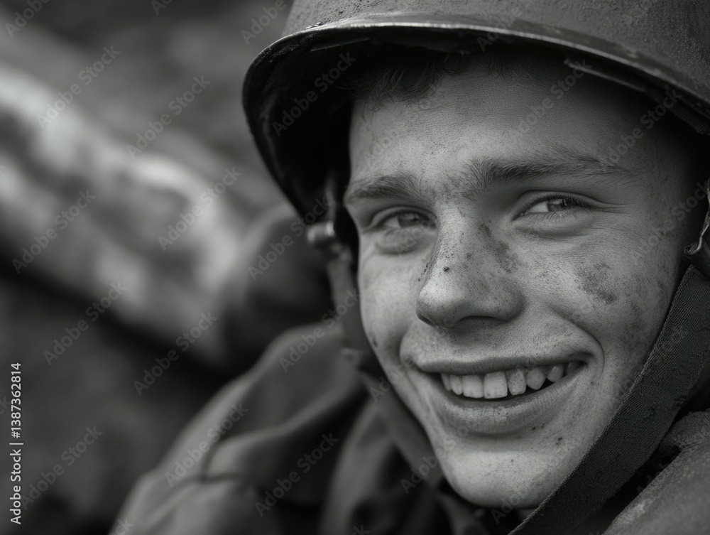A young soldier smiling at the camera during military training.