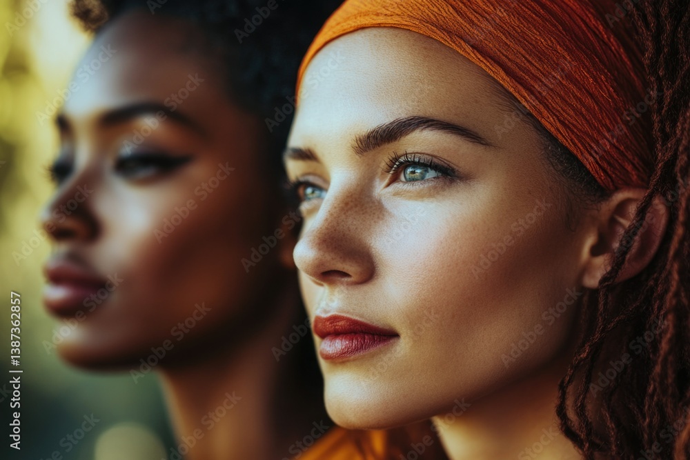 Two women with painted faces, one wearing a red scarf and the other in an orange headscarf. A portrait that captures their individual beauty against a blurred background.