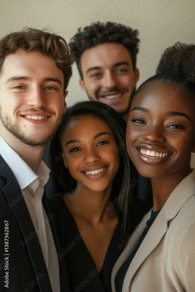 Five diverse individuals posing for a photo with happy expressions, in a brightly lit office setting.