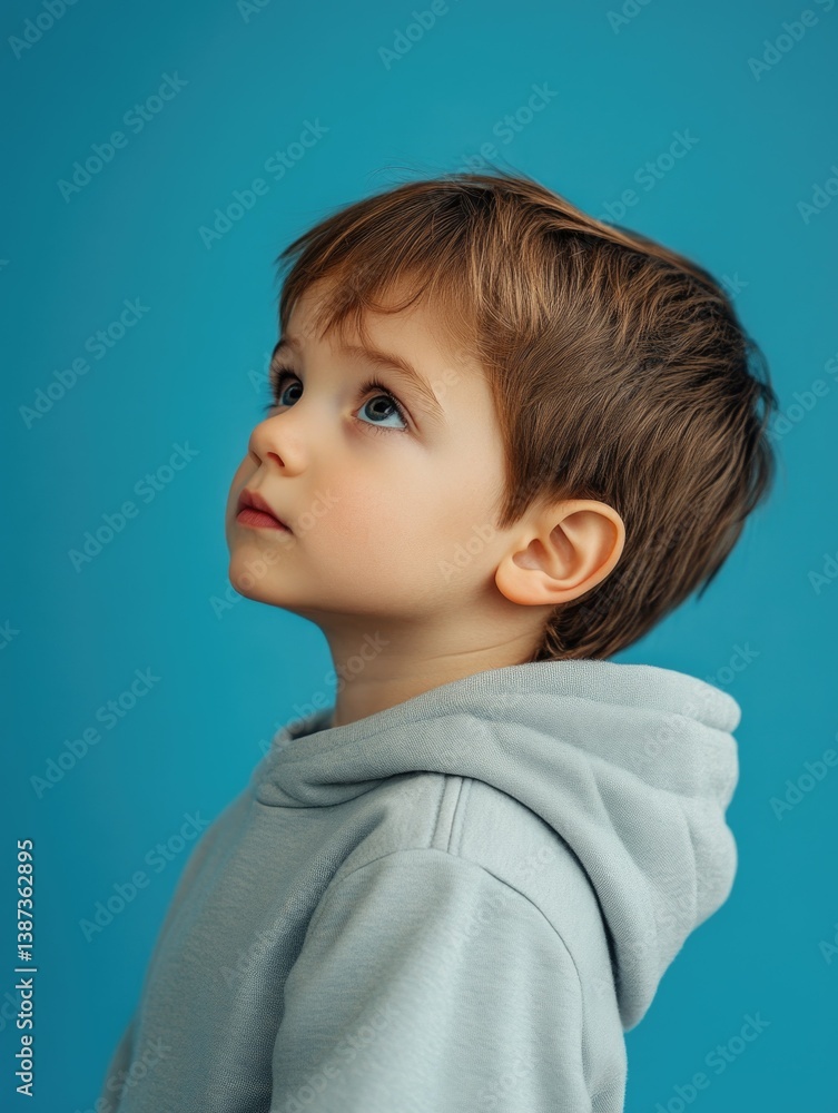 The image captures a young boy with an inquisitive expression, gazing upwards with his lips slightly parted.