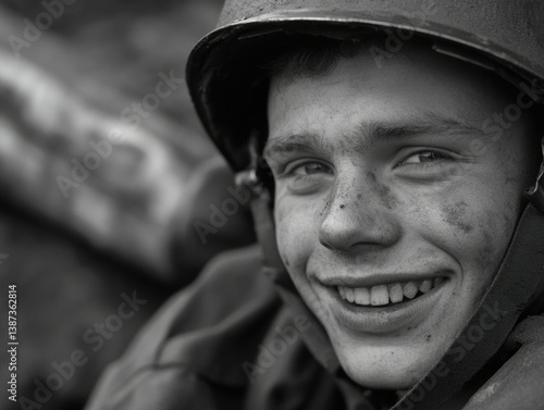 Obraz na płótnie A young soldier smiling at the camera during military training. w salonie