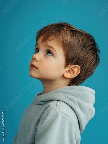 Obraz na płótnie The image captures a young boy with an inquisitive expression, gazing upwards with his lips slightly parted. w salonie