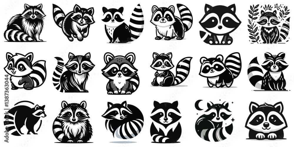 Obraz premium Cute raccoons in black and white, vector illustration, children's decor, playful design