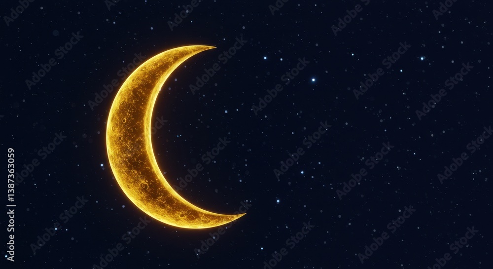 Naklejka premium Crescent Moon Night Sky Celestial Golden Glow Starry Night Universe Space Astronomy