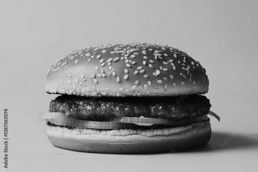Close-up image of a hamburger bun with meat patties and cheese. Condensation droplets on the bun suggest freshness.