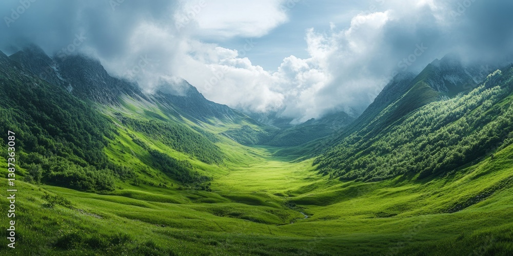 The image captures the breathtaking view of a majestic mountain valley, surrounded by lush green vegetation and towering peaks.