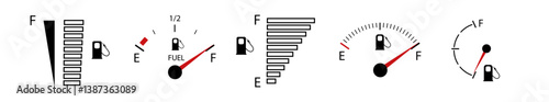 Vehicle fuel. Simple digital indicator of vehicle fuel. Full and empty icons of gas and fuel meters, fuel pump. Vector