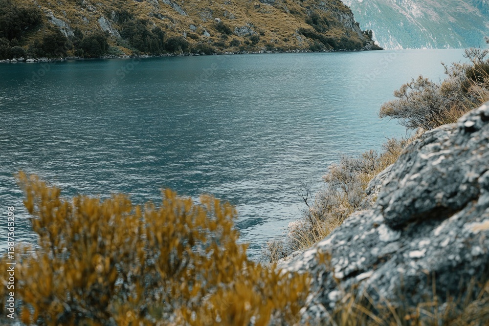 Vivid blue lake nestled among rocky cliffs, with verdant greenery along the shore.