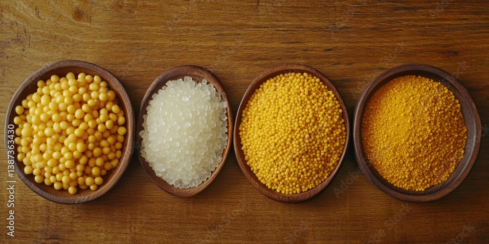 Three wooden bowls filled with different spices on a tabletop.