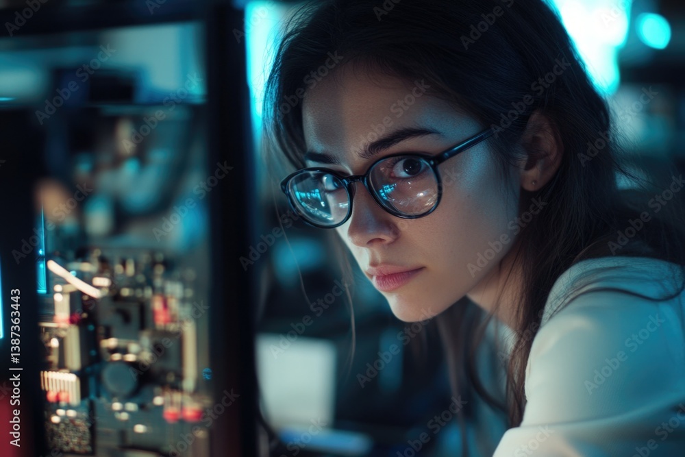 A woman wearing glasses is deeply focused on a computer circuit board, examining the intricate details with precision.