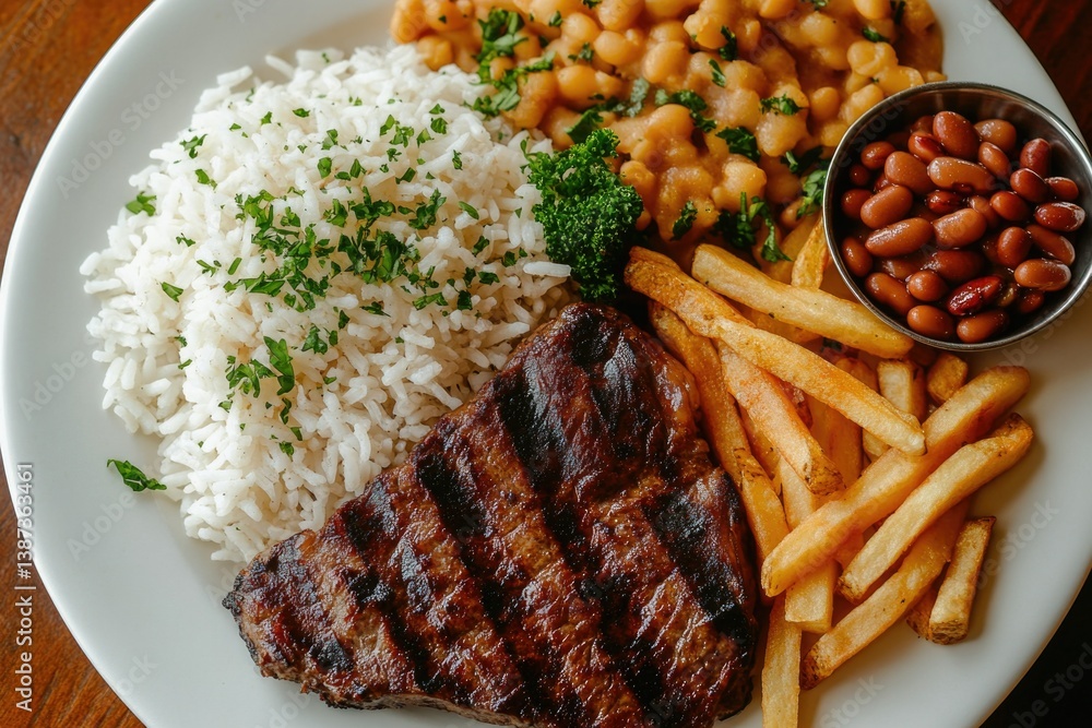A plate of delicious food with meat, rice, beans, and a side of fries.