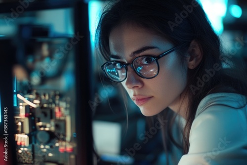 Obraz na płótnie A woman wearing glasses is deeply focused on a computer circuit board, examining the intricate details with precision. w salonie