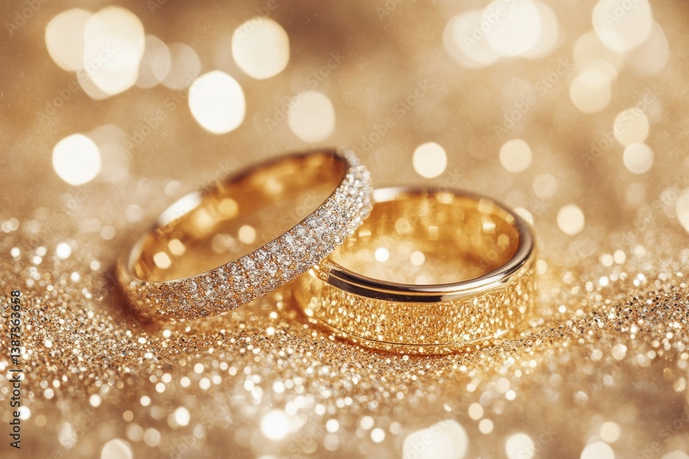 A pair of glossy gold wedding bands with matching sparkly engagement rings, set against a background of golden glitter flakes.